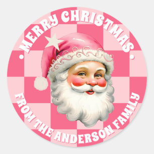 Sticker Rond Pink Retro Santa Claus Pink Tartan Plaid Noël