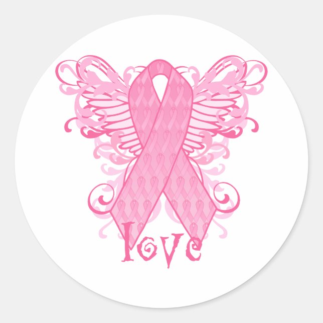 Sticker Rond Pink Ribbon Love Wings (Devant)