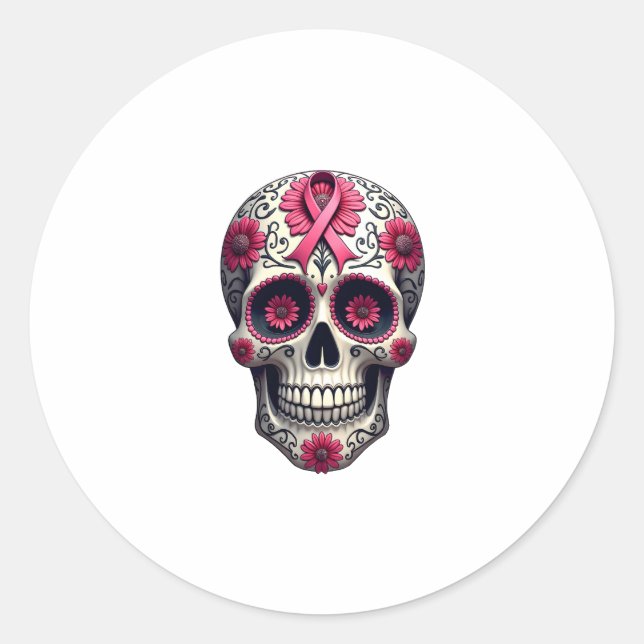 Sticker Rond Pink Ribbon Sugar Skull Calavera Breast Cancer Awa (Devant)