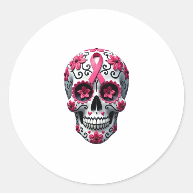Sticker Rond Pink Ribbon Sugar Skull Calavera Breast Cancer Awa (Devant)