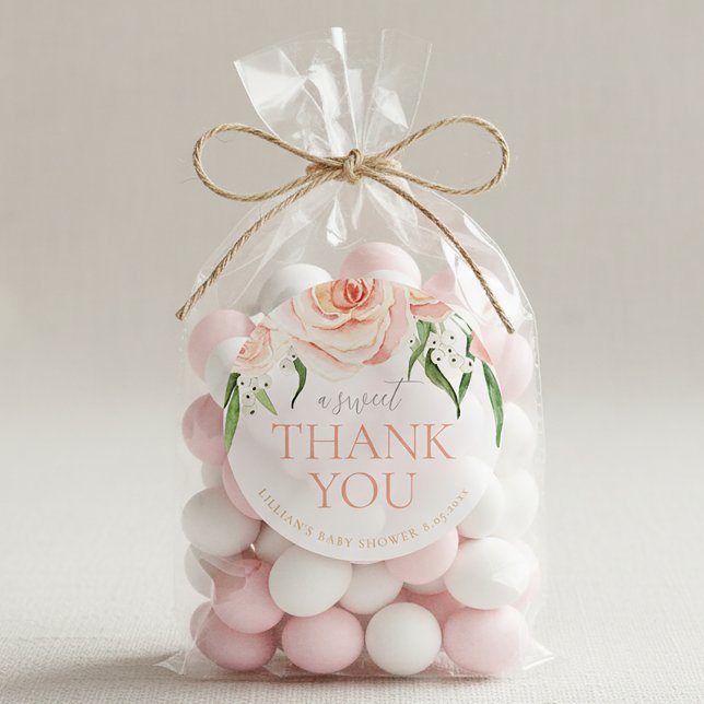 Sticker Rond Pink Rose Floral Girl Baby Shower Thank You (Créateur téléchargé)