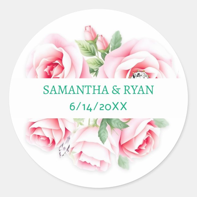Sticker Rond Pink Roses & Green Foliage Wedding Personalized (Devant)
