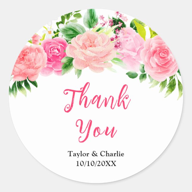 Sticker Rond Pink Roses with Foliage Wedding Thank You (Devant)