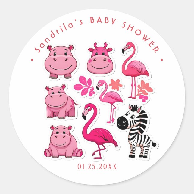Sticker Rond Pink Safari Animals Theme Girl Birthday Party  (Devant)