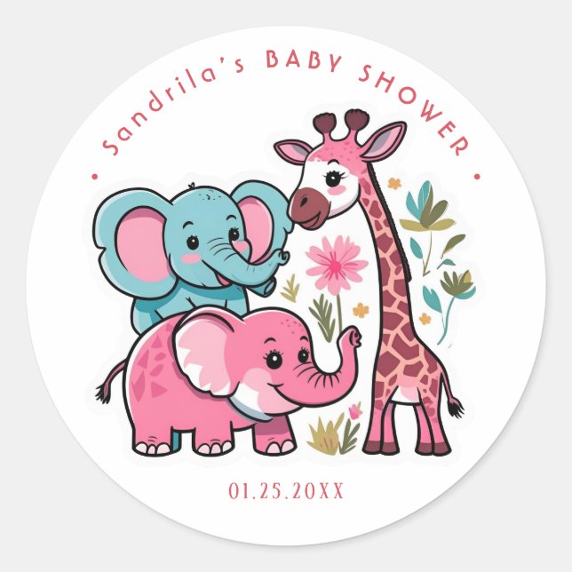 Sticker Rond Pink Safari Animals Theme Girl Birthday Party  (Devant)
