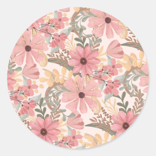 Sticker Rond Pink Sage Vert Floral Feuille Motif d'aquarelle (Devant)