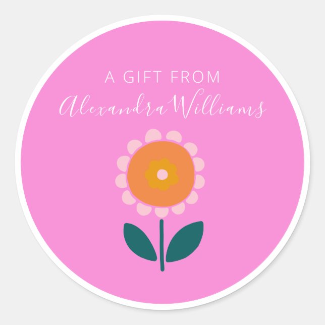 Sticker Rond Pink Scandinavian Flower Personalized A Gift From (Devant)