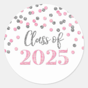 Sticker Rond Pink Silver Confetti Graduation 2025