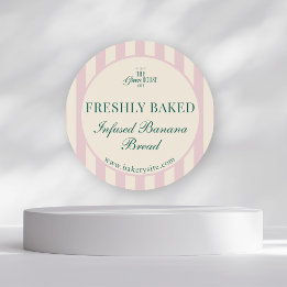 Sticker Rond Pink Striped Bakery Logo Freshly Baked Bakery