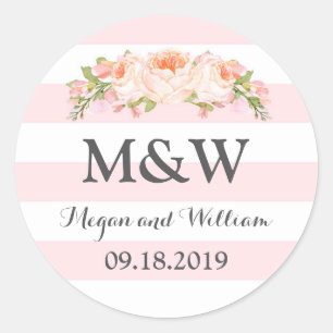 Sticker Rond Pink Stripes Vintage Floral Monogramme Mariage
