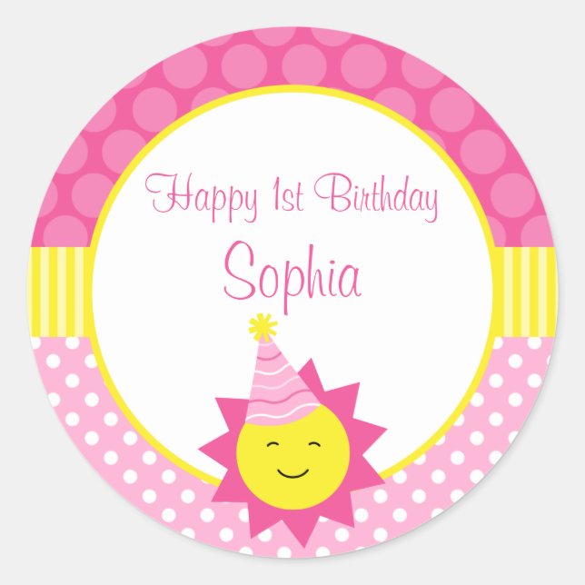 Sticker Rond Pink Sunshine Polka Dot 1er Anniversaire personnal (Devant)
