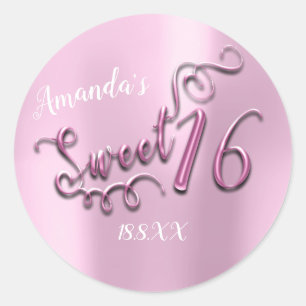 Sticker Rond Pink Sweet 16th Script Coeur Ballons Girly