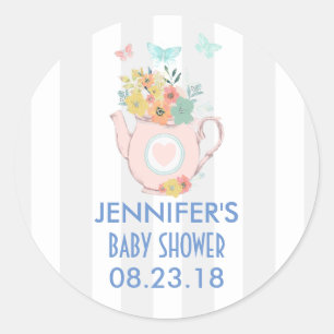 Sticker Rond Pink Teapot with Flowers & Butterflies