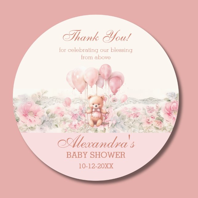 Sticker Rond Pink Teddy Girl Christian Baby Shower Thank You (Créateur téléchargé)