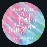 Sticker Rond Pink Tie Dye Bat mitzvah Parti Merci Favoriser<br><div class="desc">Sticker personnalisé Rosé,  Turquoise et Aqua Blue Tie pour un Bat mitzvah Hippie Chic avec nom personnalisé et texte de date,  est idéal pour les scellés d'enveloppe d'invitation et favoriser les étiquettes. Partie d'une collection conçue par Paper Grape pour Zazzle.</div>