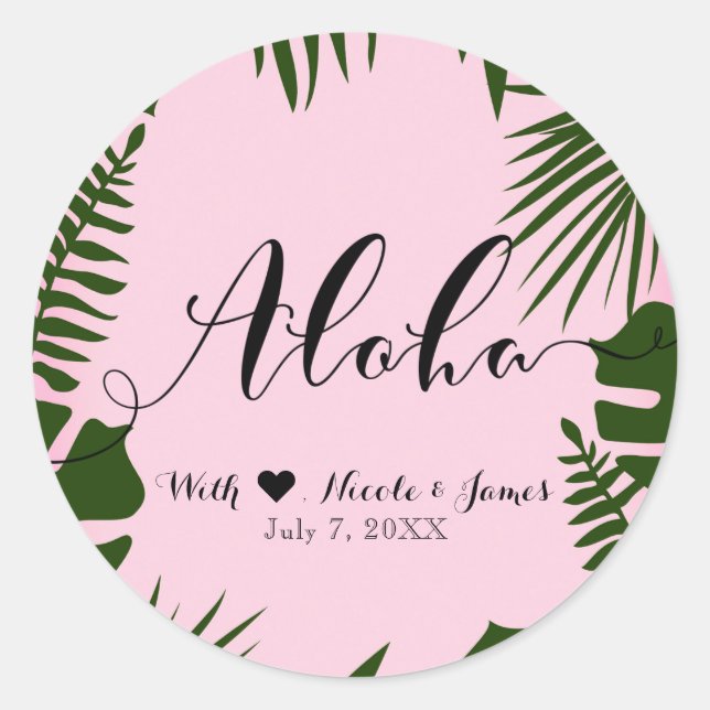 Sticker Rond Pink Tropical Green Feuilles Beach Wedding ALOHA (Devant)
