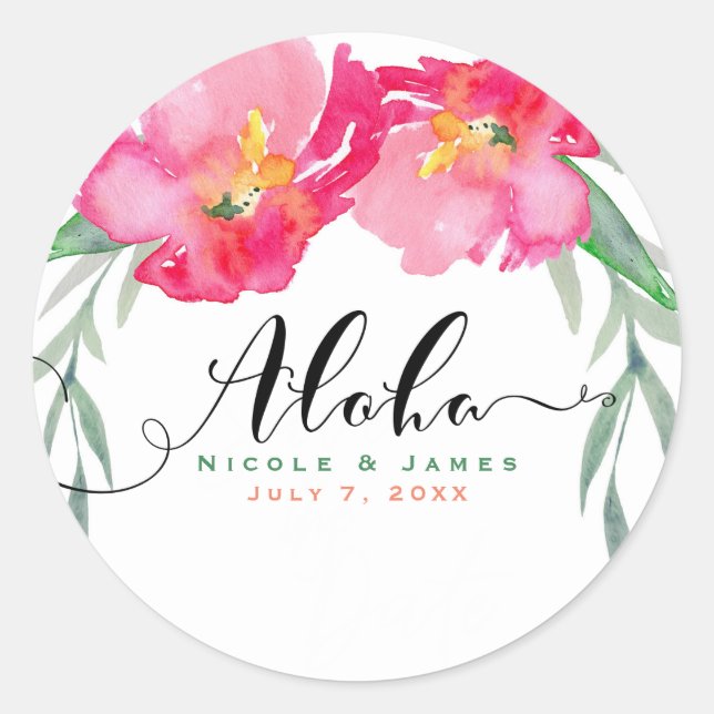 Sticker Rond Pink Tropical Green Leaf Vine Floral Aloha Party (Devant)