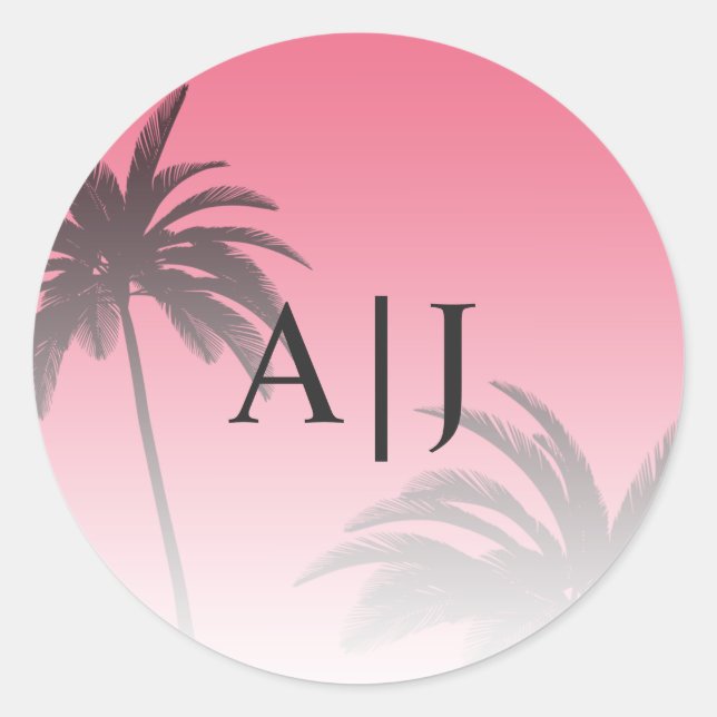 Sticker Rond Pink Tropical Palm Tree Beach Monogram Mariage (Devant)