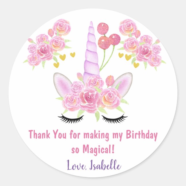 Sticker Rond Pink Unicorn Aquarelle Florals Merci Anniversaire (Devant)