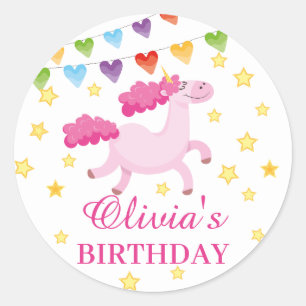 Sticker Rond Pink Unicorn Fille Anniversaire Fête magique