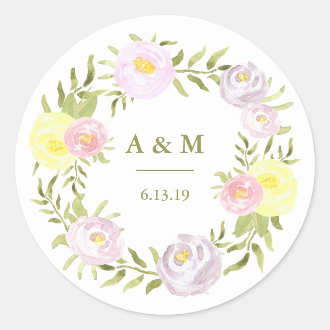 Sticker Rond Pink violet et jaune Aquarelle Rose Mariage (Devant)