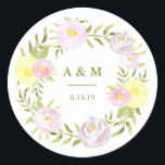 Sticker Rond Pink violet et jaune Aquarelle Rose Mariage<br><div class="desc">Ces beaux autocollants à faire-part de mariage fleuris présentent une couronne botanique composée de jolis roses d'aquarelle rose,  violet et jaune,  avec beaucoup de feuilles verts. Nous avons utilisé des oeuvres d'art de www.intothethicket.etsy.com.</div>