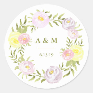 Sticker Rond Pink violet et jaune Aquarelle Rose Mariage