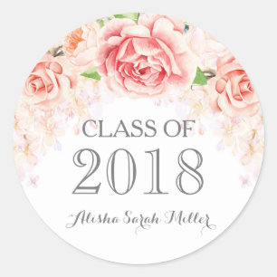 Sticker Rond Pink Watercolor Flowers Graduation 2018