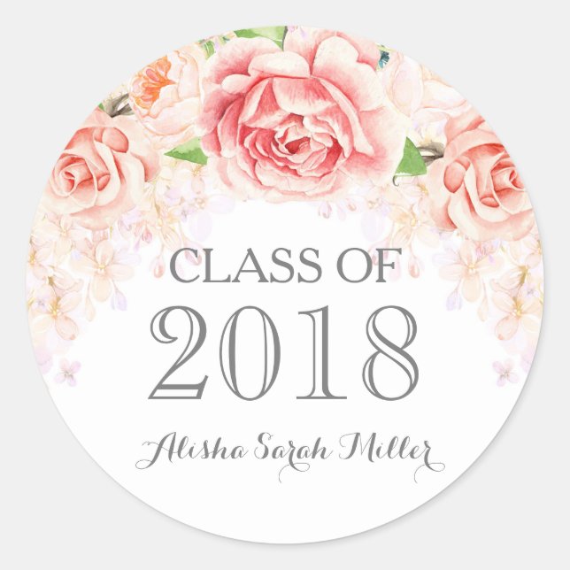 Sticker Rond Pink Watercolor Flowers Graduation 2018 (Devant)