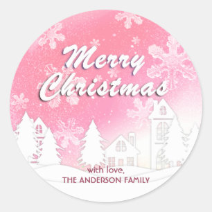 Sticker Rond Pink White House Snowflakes Noël Bonne année
