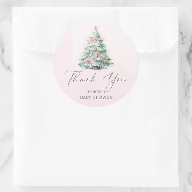 Sticker Rond Pink winter Christmas tree baby shower thank you  (Sac)