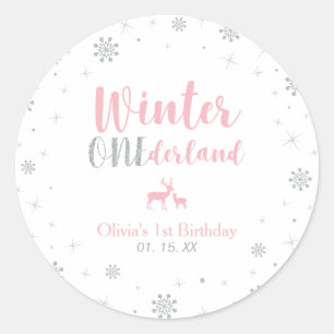 Sticker Rond Pink Winter Onderland 1er anniversaire fête Favori