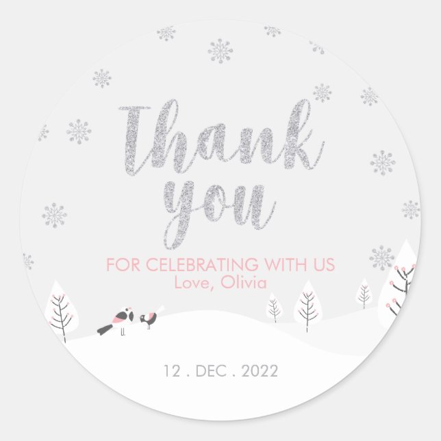 Sticker Rond Pink Winter Wonderland, Fille Baby shower/Saupoudr (Devant)