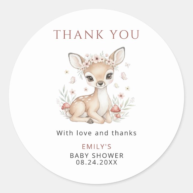 Sticker Rond Pink Woodland Deer Girl Baby Shower Thank You (Devant)
