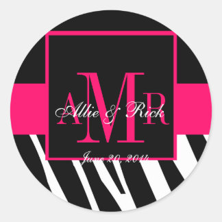 Sticker Rond Pink Zebra Monogramme Noms Mariage Favoriser Étiqu