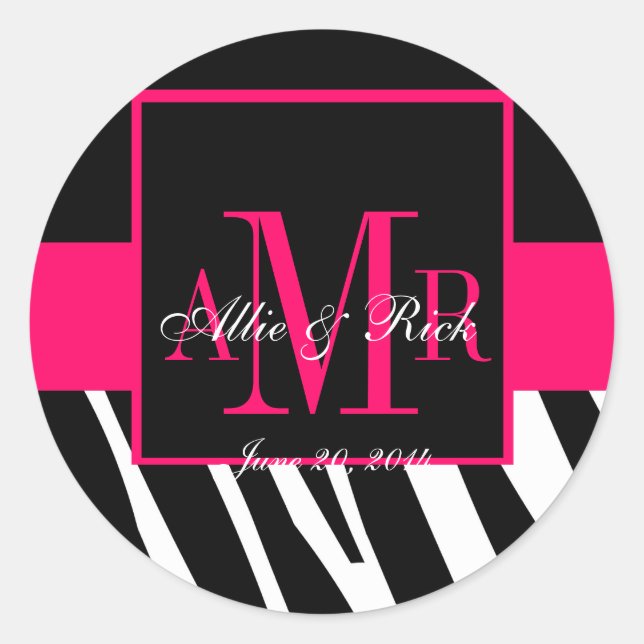 Sticker Rond Pink Zebra Monogramme Noms Mariage Favoriser Étiqu (Devant)