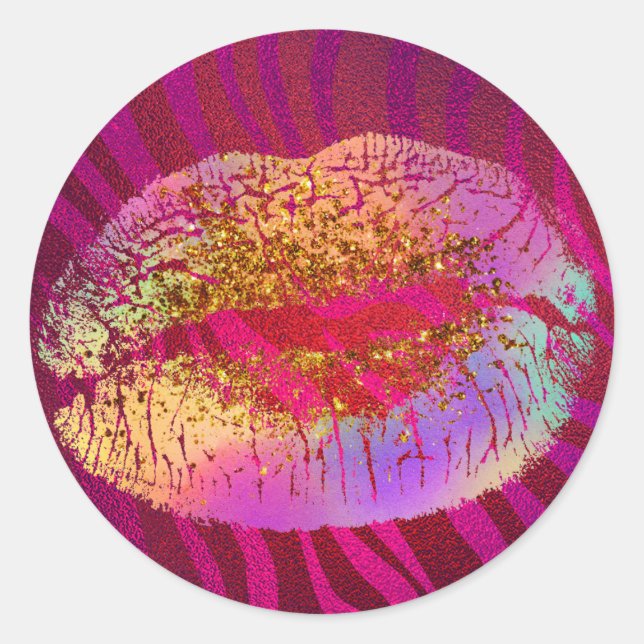 Sticker Rond Pink Zebra Print Rainbow Gold Parties scintillant  (Devant)