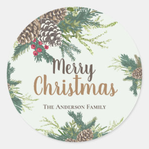 Sticker Rond Pins cônes et verdure joyeux Noël
