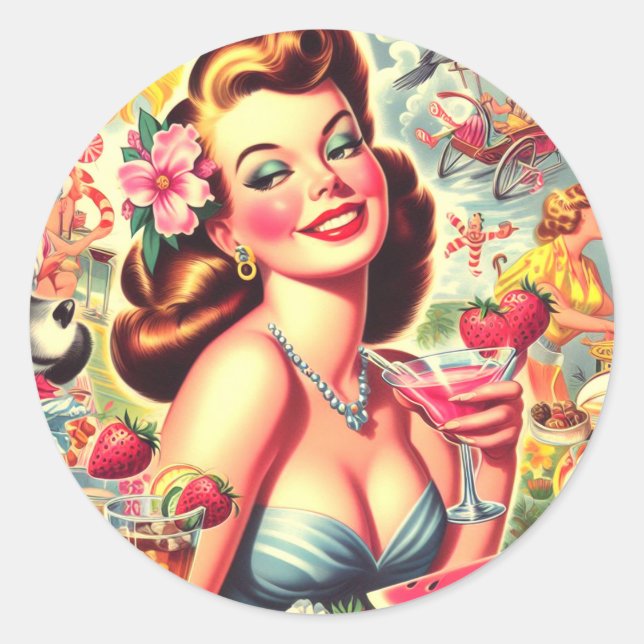 Sticker Rond Pinup Cute Kitsch Retro (Devant)