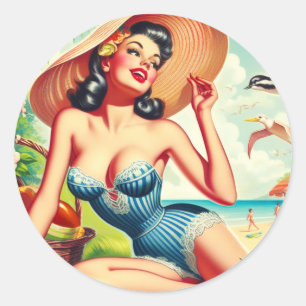 Sticker Rond Pinup de plage Tropical Retro