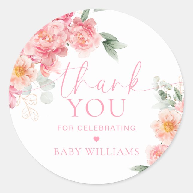 Sticker Rond Piper Peony Baby shower Floral Merci Favoriser (Devant)