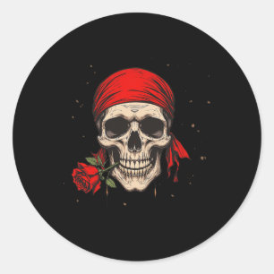 Sticker Rond Pirate Crâne Et Crossbones Fleur Rouge À La Main P