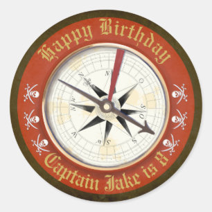 Sticker Rond Pirate de boussole d'anniversaire modifiable