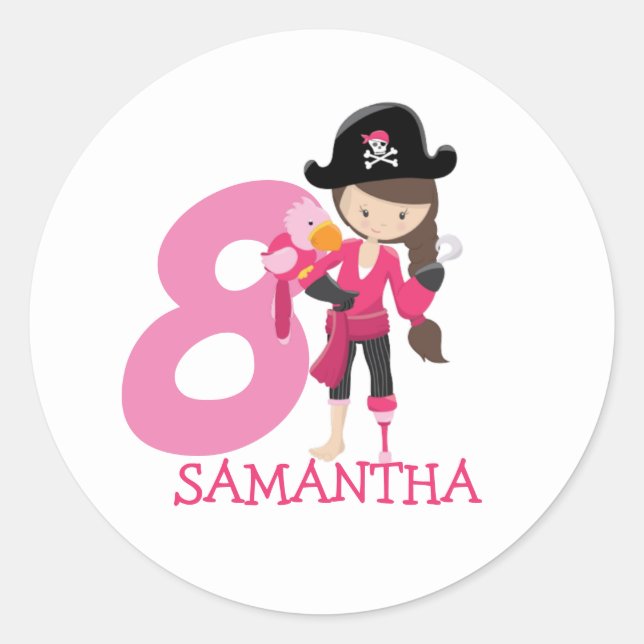 Sticker Rond Pirate de la FILLE du 8e anniversaire (Devant)