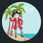 Sticker Rond Pirate kid birthday<br><div class="desc">This product is for kids that love pirates and piracy stories. It feesta cute little pirate boy that has arrived on this island with palm trees. There's a pirate ship in the horizon waiting for him to return with a treasure! Seagulls are watching. This product is ideal for a pirate...</div>