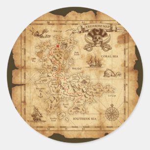 Sticker Rond Pirate Old Vintage Treasure Carte Anniversaire Fêt