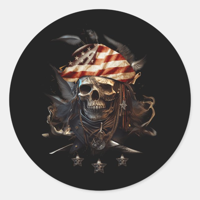 Sticker Rond Pirate Quatrième 4 juillet Amérique Drapeau Amériq (Devant)