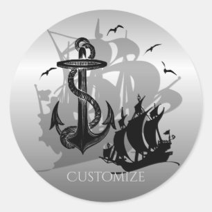 Sticker Rond Pirate Ship & Ancres Black Silhouette