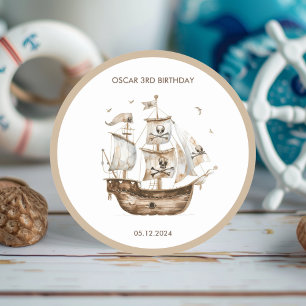 Sticker Rond Pirate Ship Brown thème nautique Anniversaire