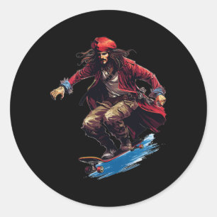 Sticker Rond Pirate Skateur - Planche à roulettes Skateboardeur